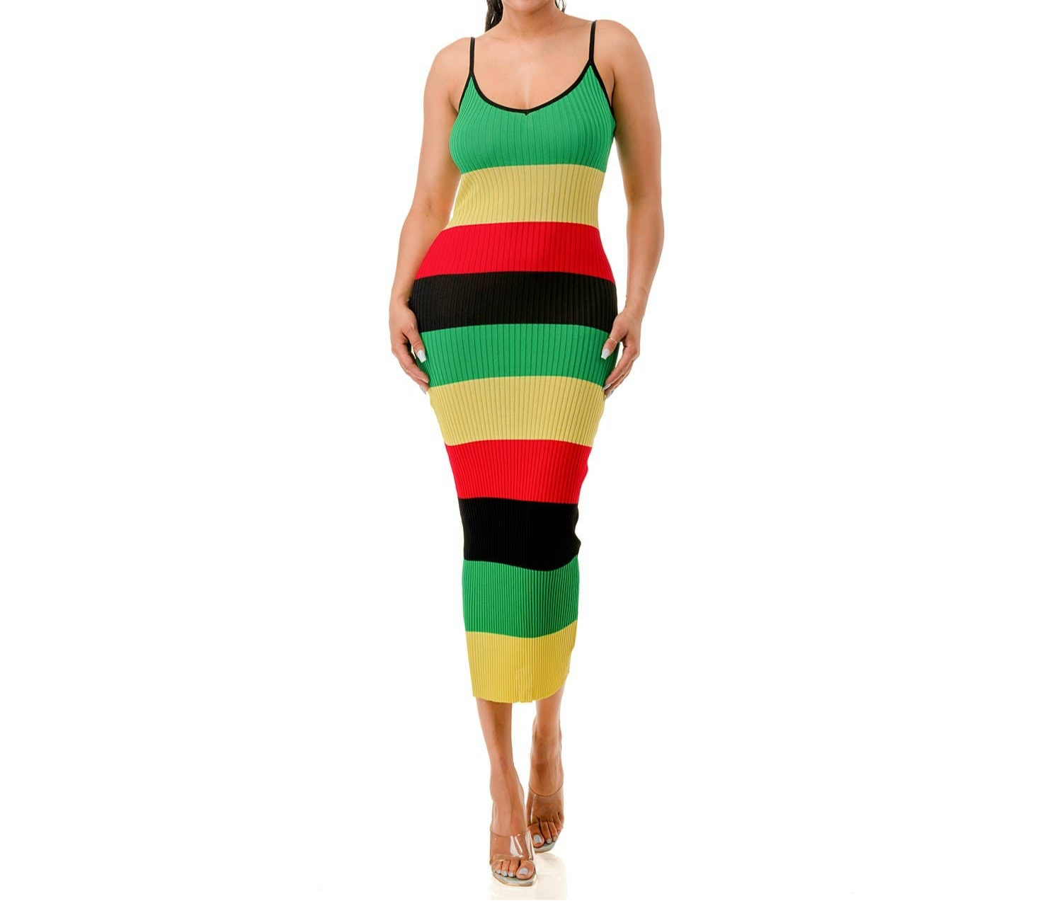 Ribbed Knit Maxi Rasta Color Dress: Multi / Medium Ribbed Knit Maxi Rasta Color Dress: Multi / Medium