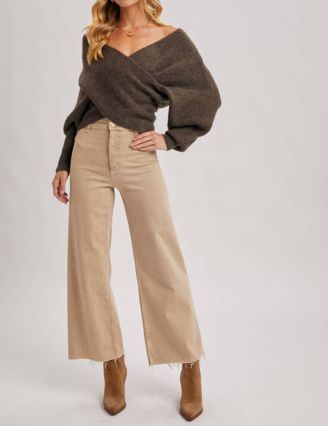 WRAP CROSSOVER RIBBED FUZZY KNIT SWEATER PULLOVER: ASH