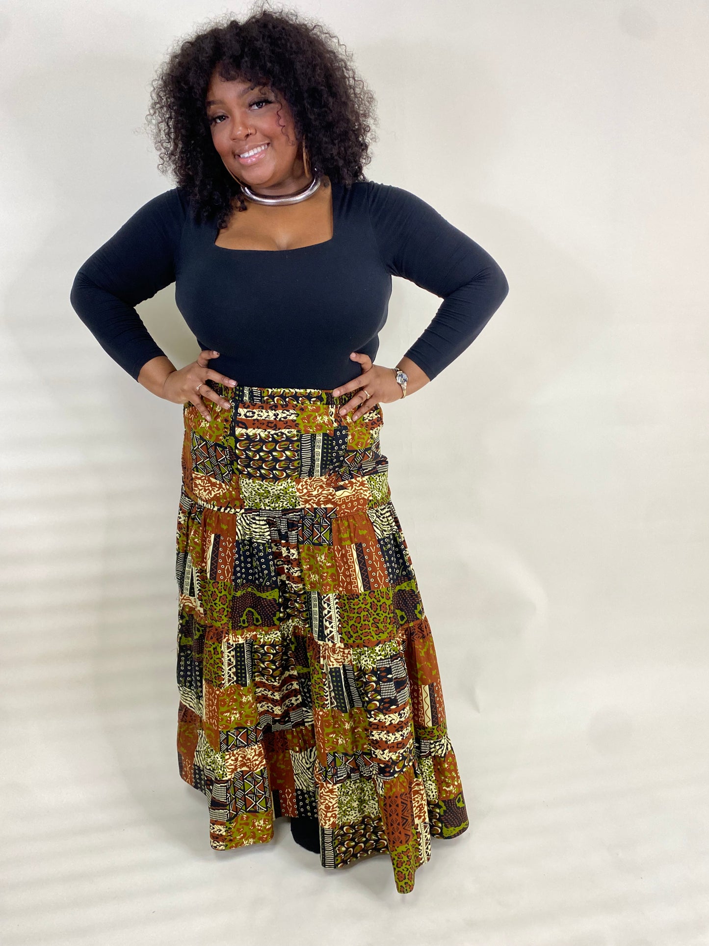 Elastic Waist Tiered Maxi Skirt