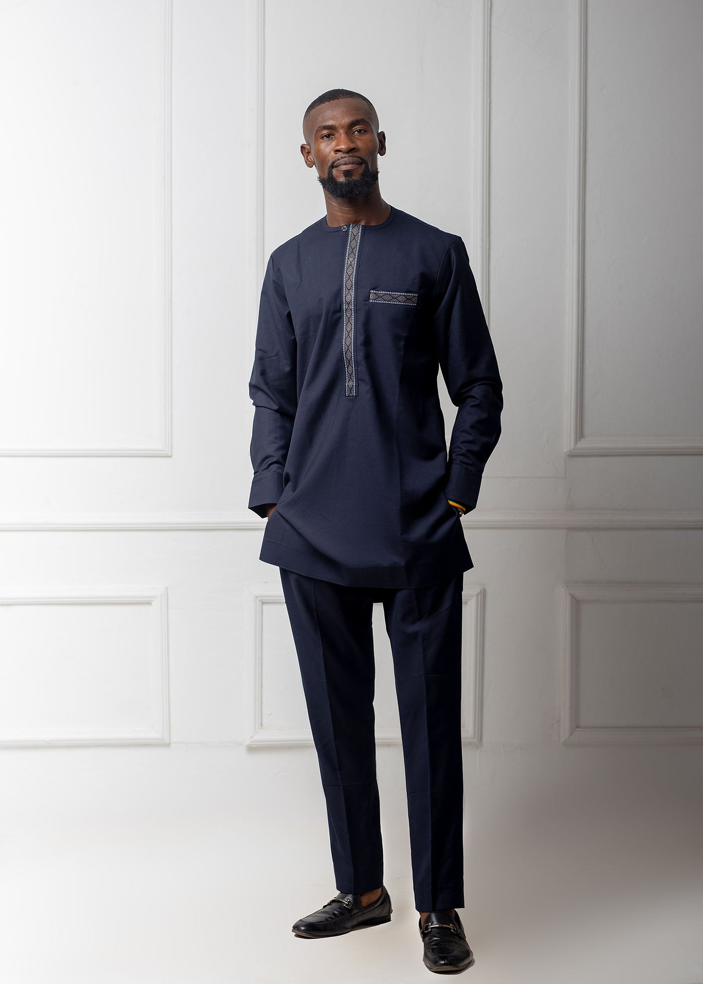 Navy Blue With Tan Long Sleeve Kaftan Set