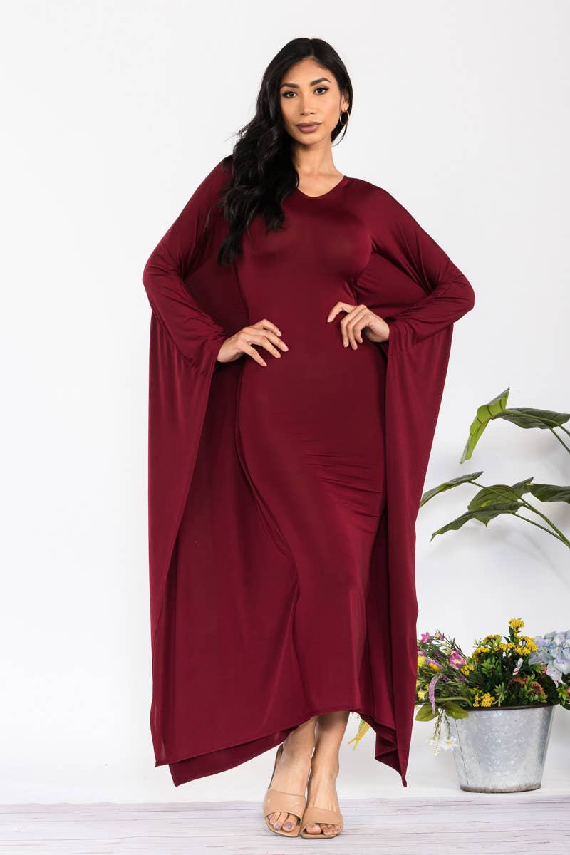 Long Sleeve Drape Maxi Dress: WINE