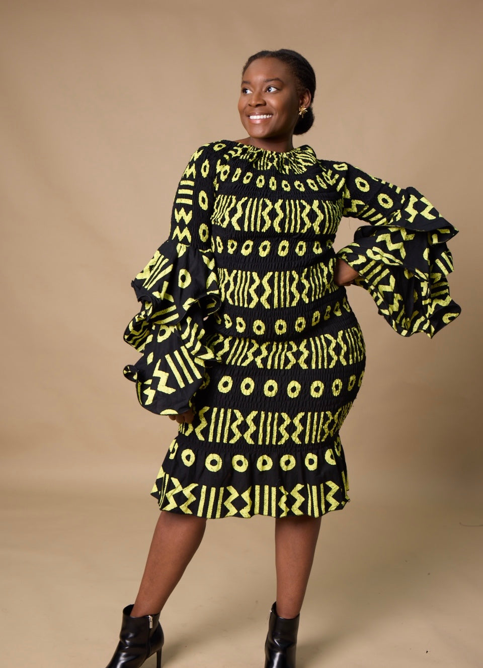 Tiered Sleeve Round Neck Dress