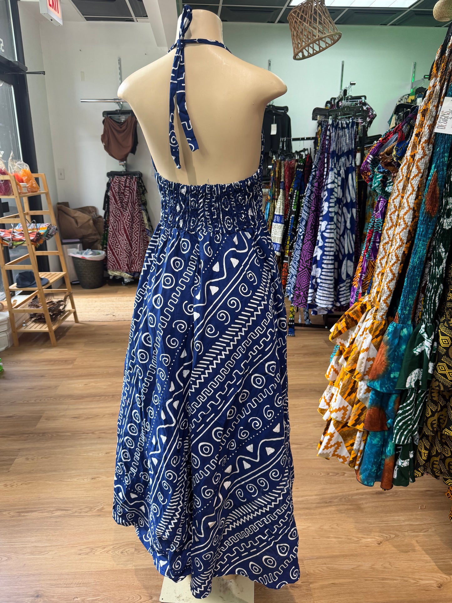 Halter Backless Flare Dress Blue White
