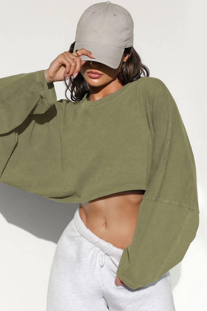 SPORTS SHORT CROPPED ROUND NECK SWEATSHIRT