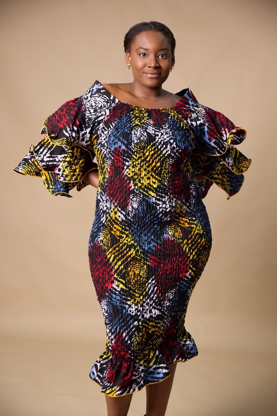 off shoulder african print dress Tiered Sleeve off shoulder Dress – Designs By Anna J LLC