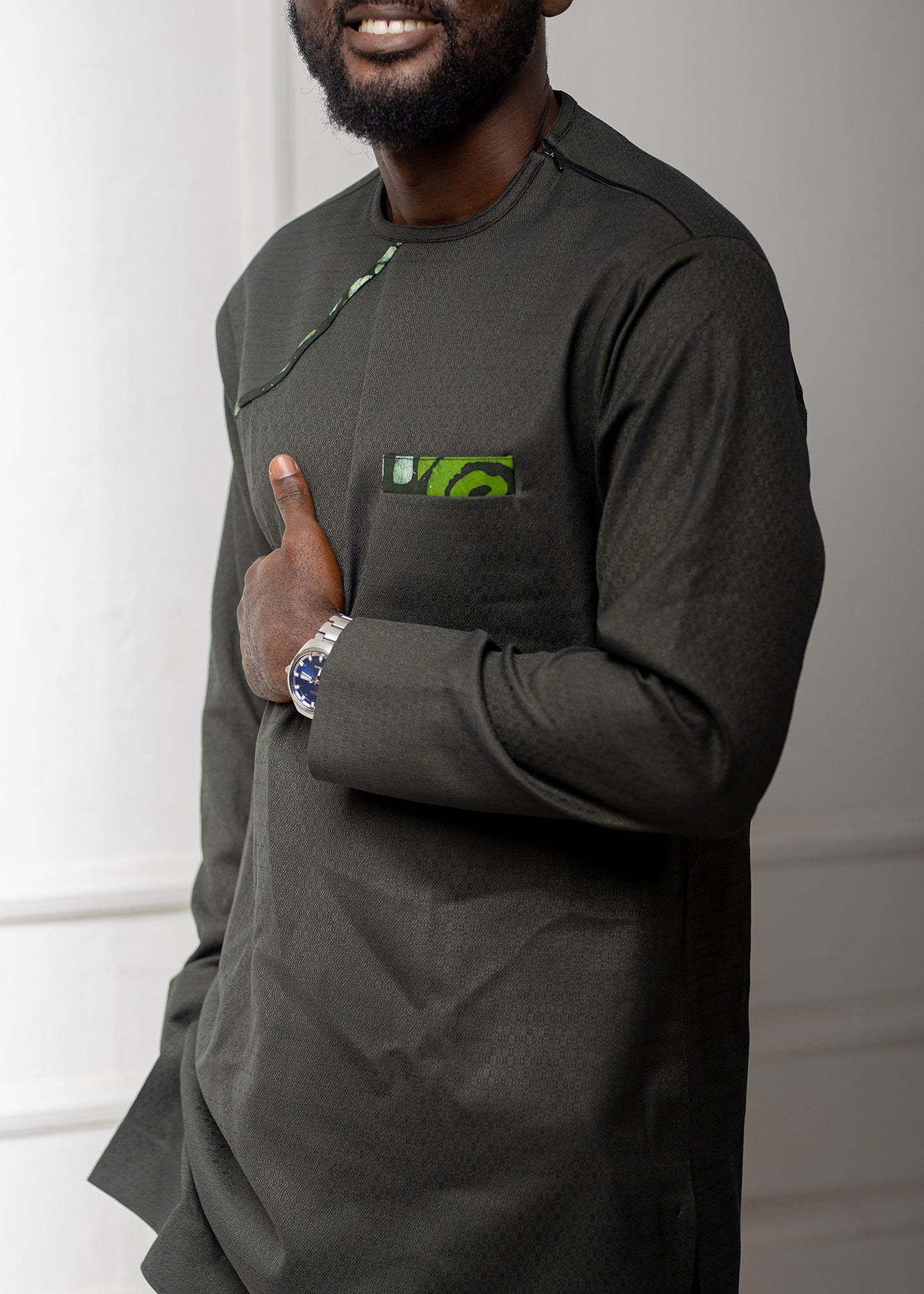 Dark Green With Light Green Long Sleeve Kaftan Set