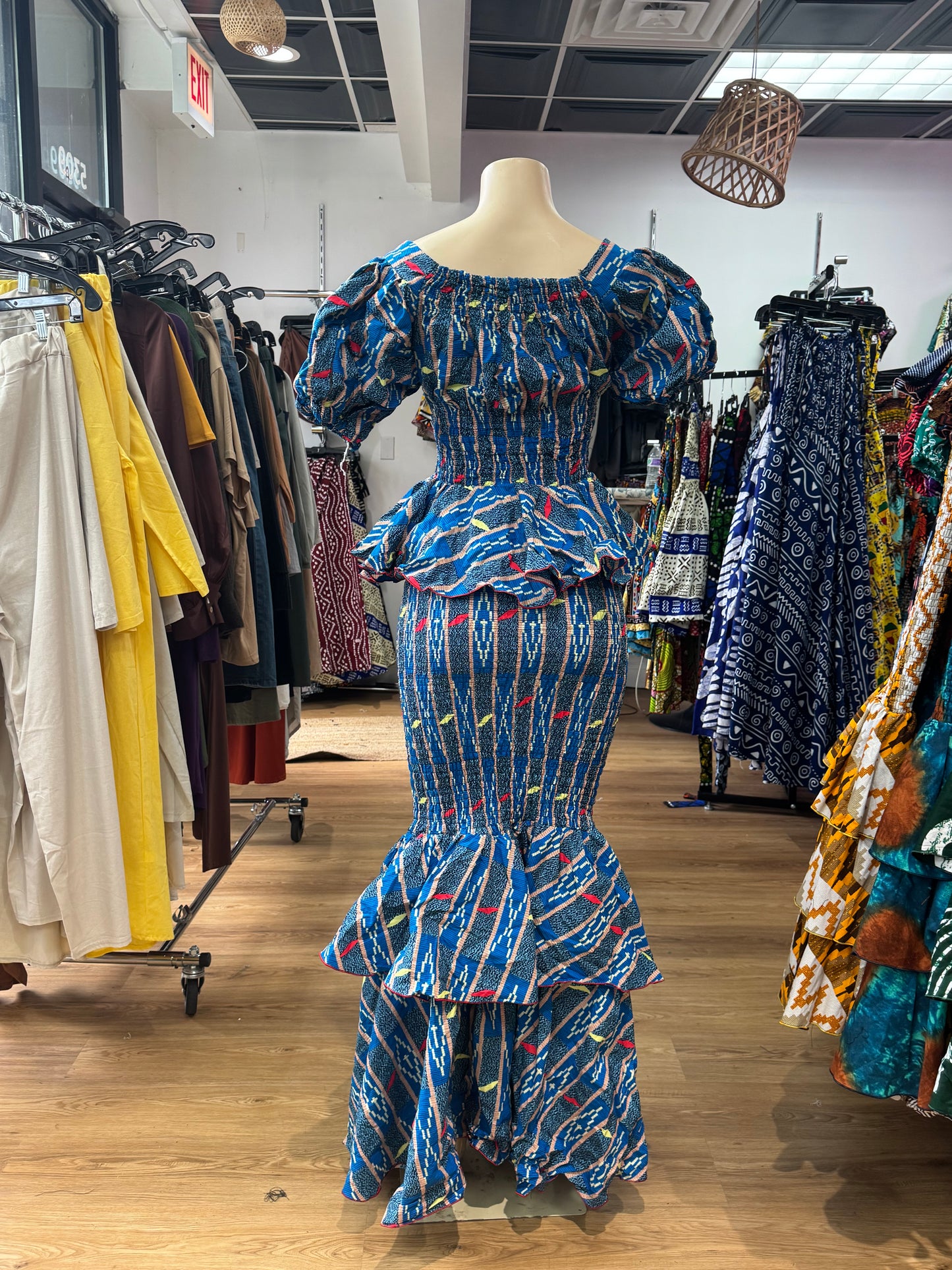 Flare Sleeve Elastic Top blue kente