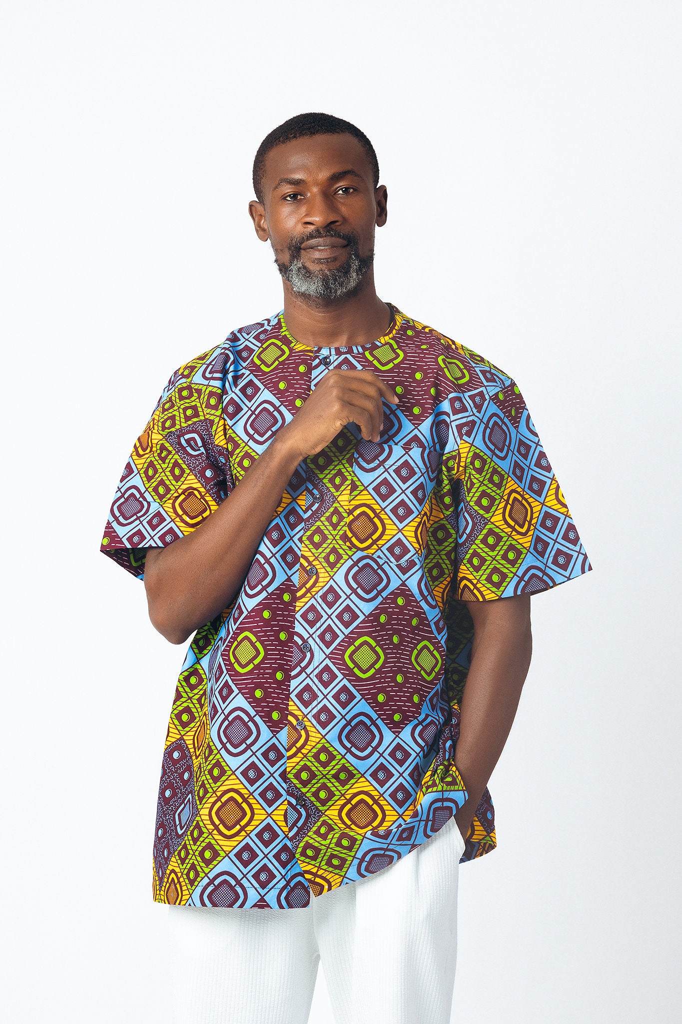 Print Round Neck Button Down