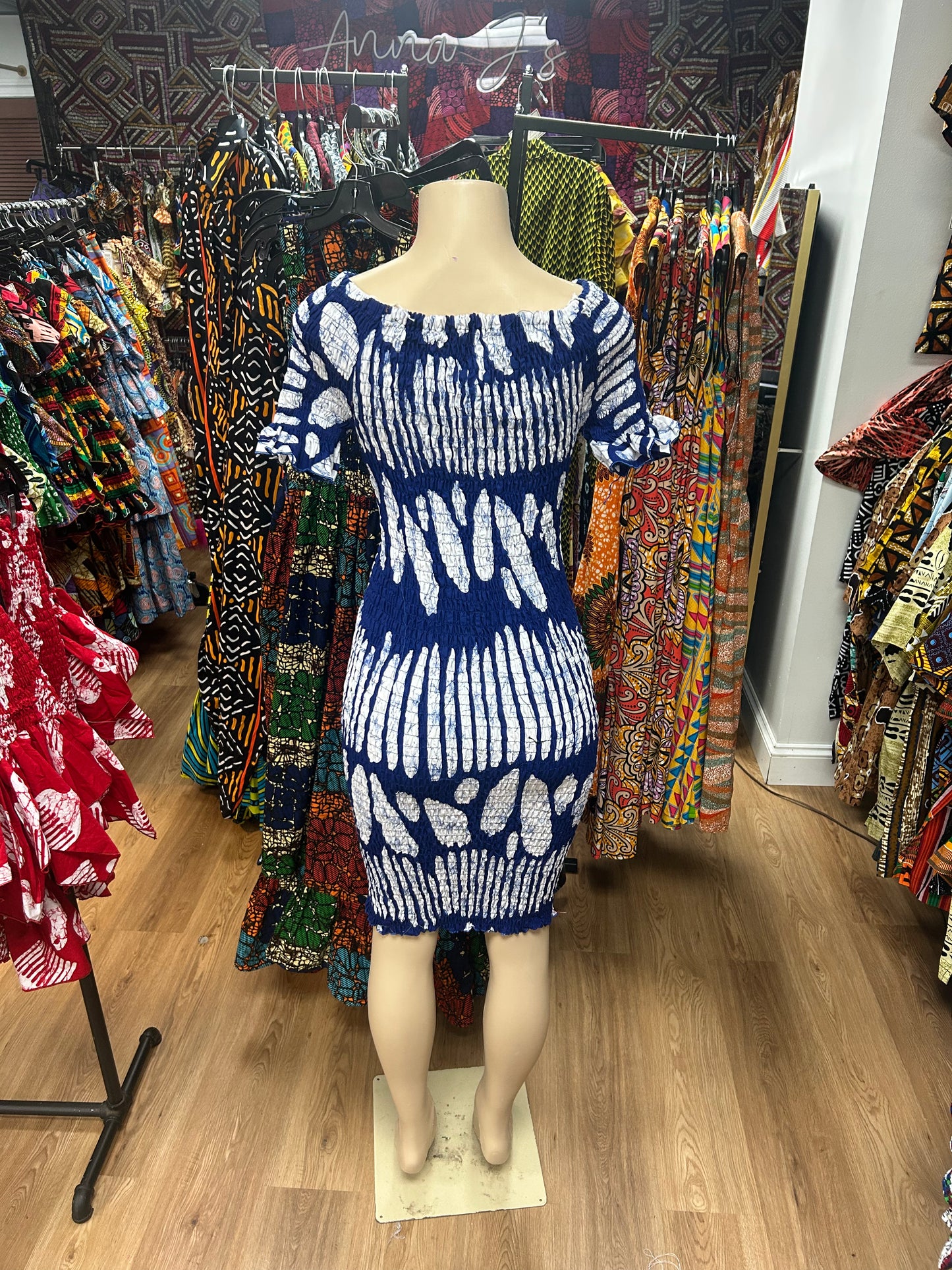 Elastic Short Sleeve Mermaid Dress blue white