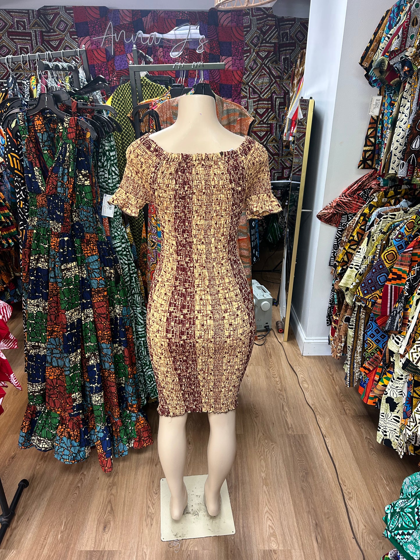 Elastic Sleeve Dress tan brown