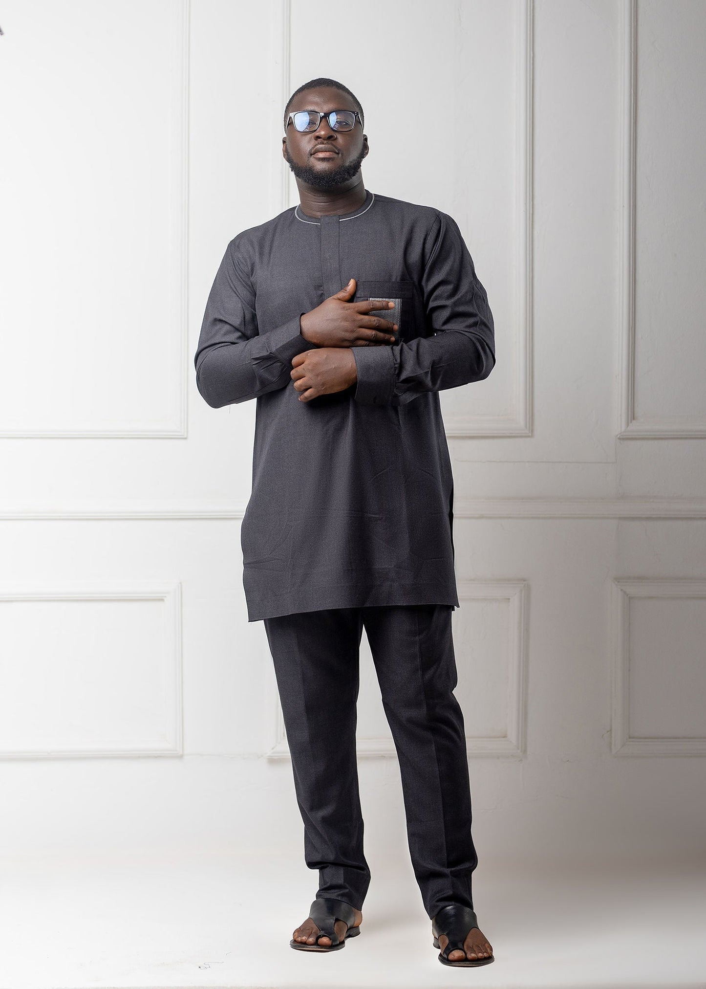 Black with Grey Detail Long Sleeve Kaftan Set