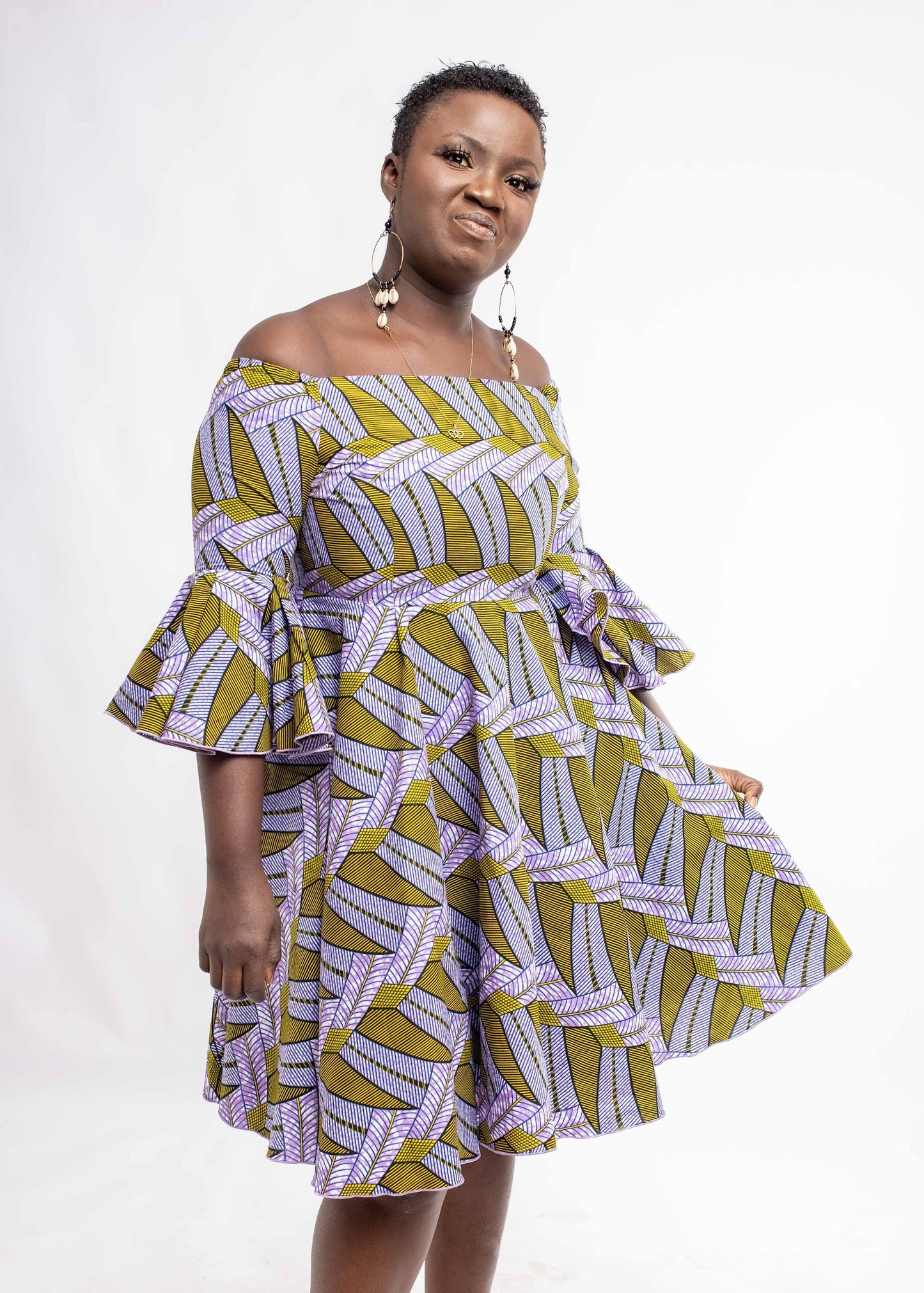 Off shoulder flare sleeved tailored dress