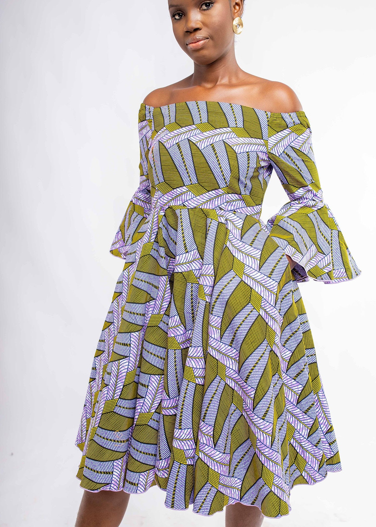 Off shoulder flare sleeved tailored dress