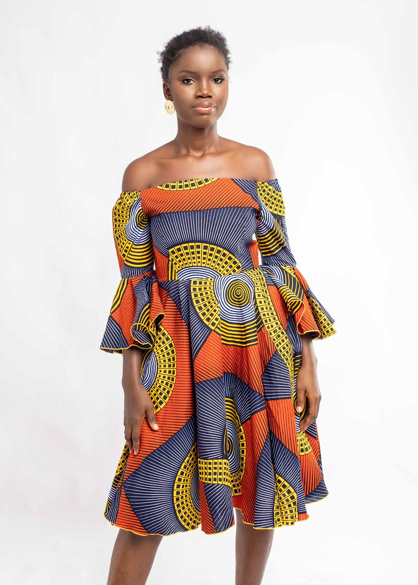Off shoulder flare sleeved tailored dress
