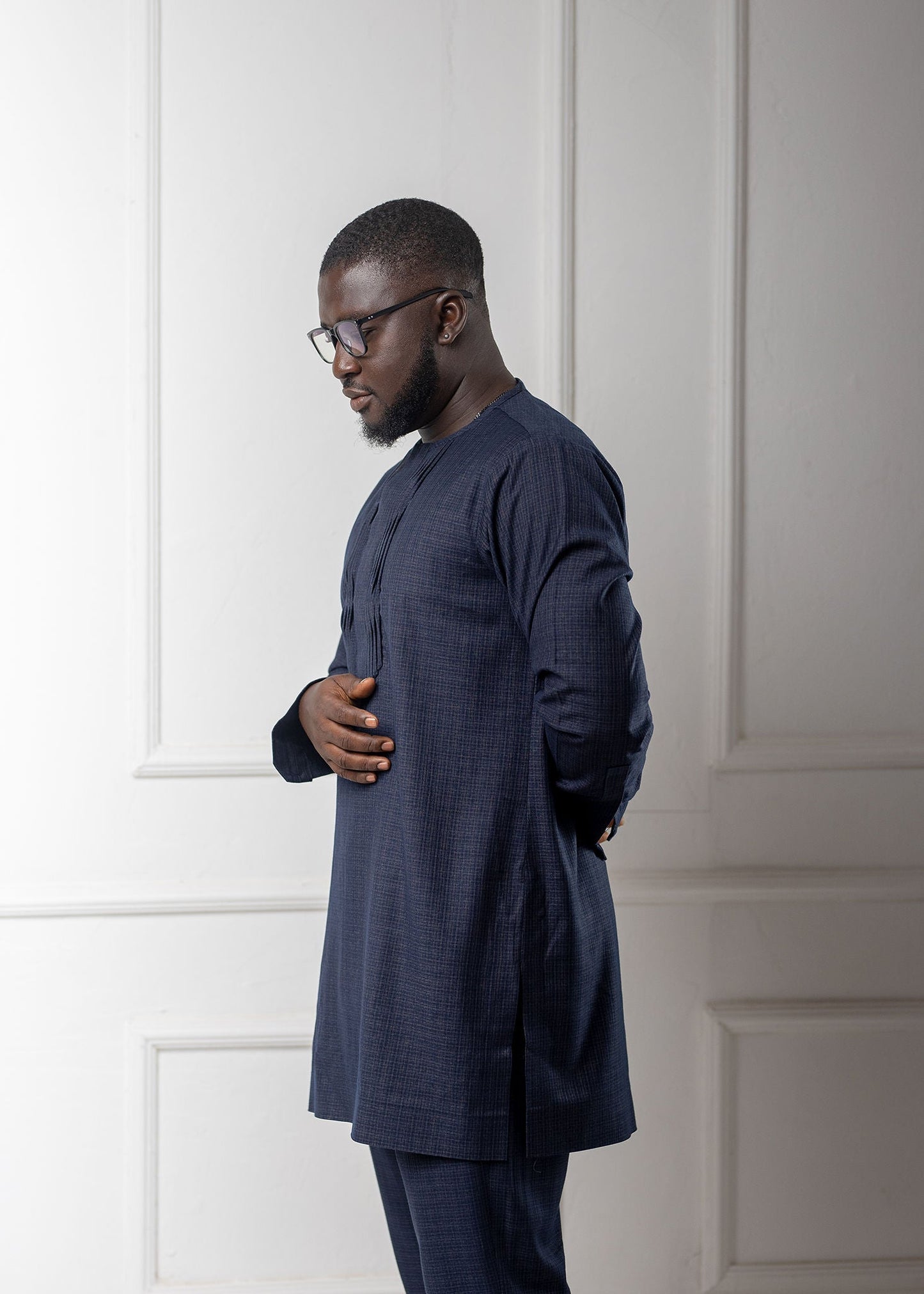 Dark blue checkered Long Sleeve Kaftan Set