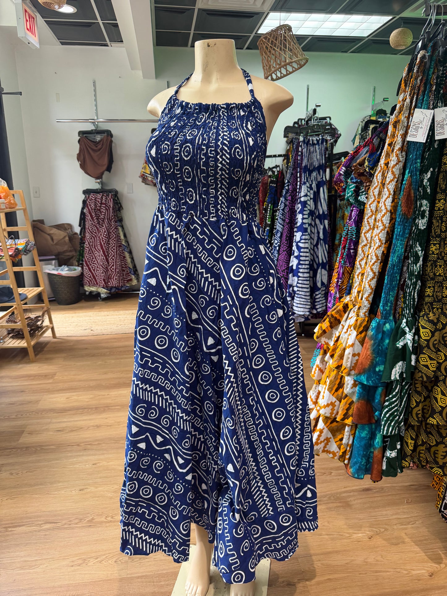 Halter Backless Flare Dress Blue White