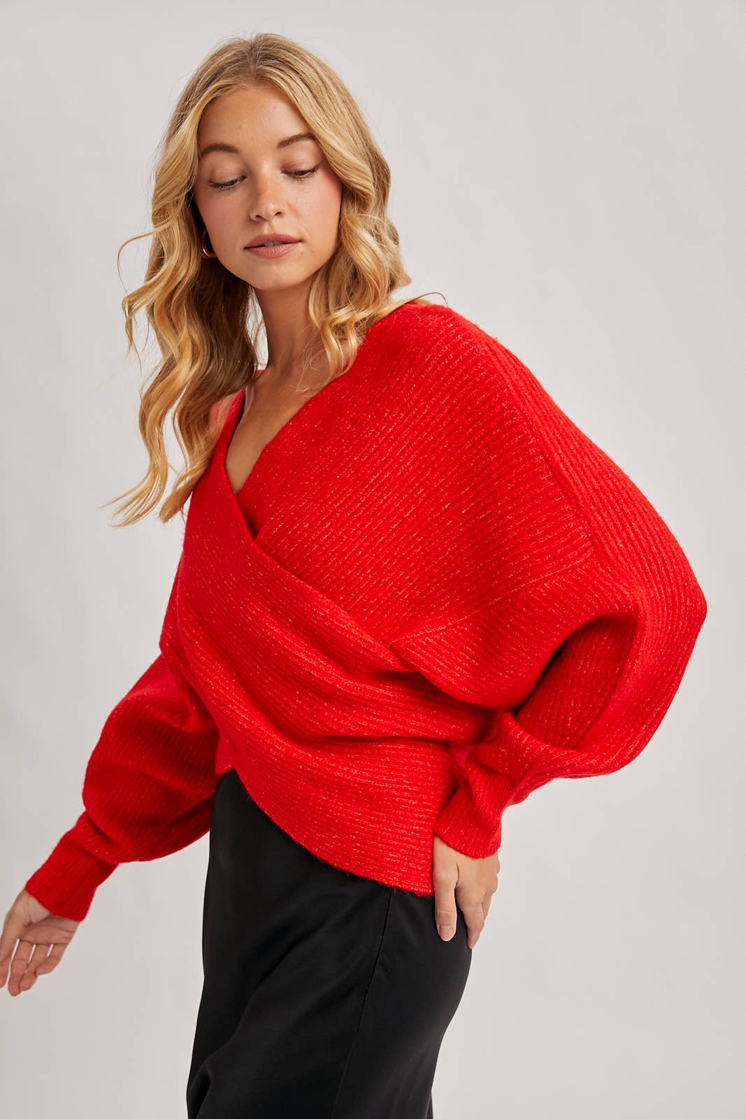 WRAP CROSSOVER RIBBED FUZZY KNIT SWEATER PULLOVER: ASH / S/M