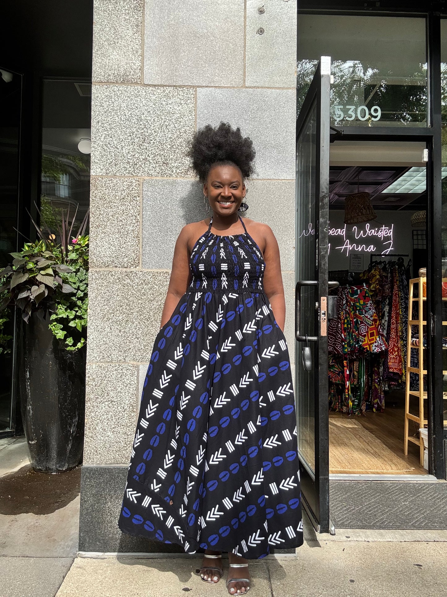 Halter Backless Flare Dress Blue Black White