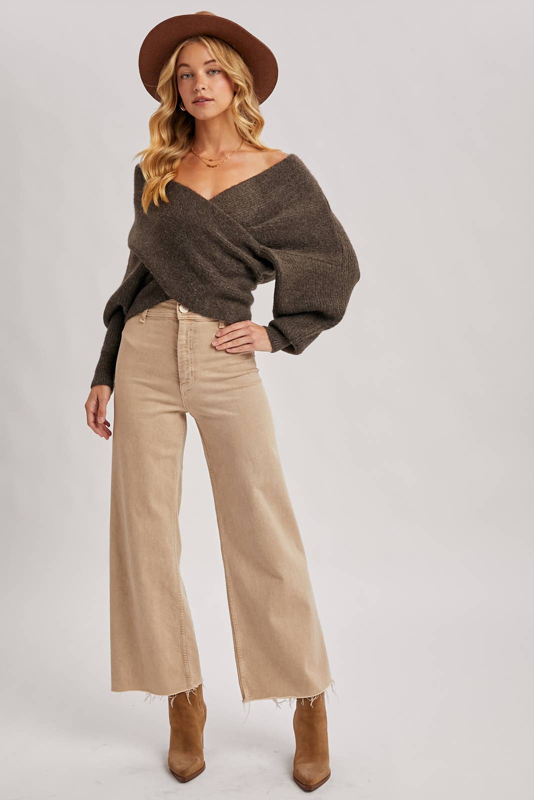 WRAP CROSSOVER RIBBED FUZZY KNIT SWEATER PULLOVER: ASH / M/L