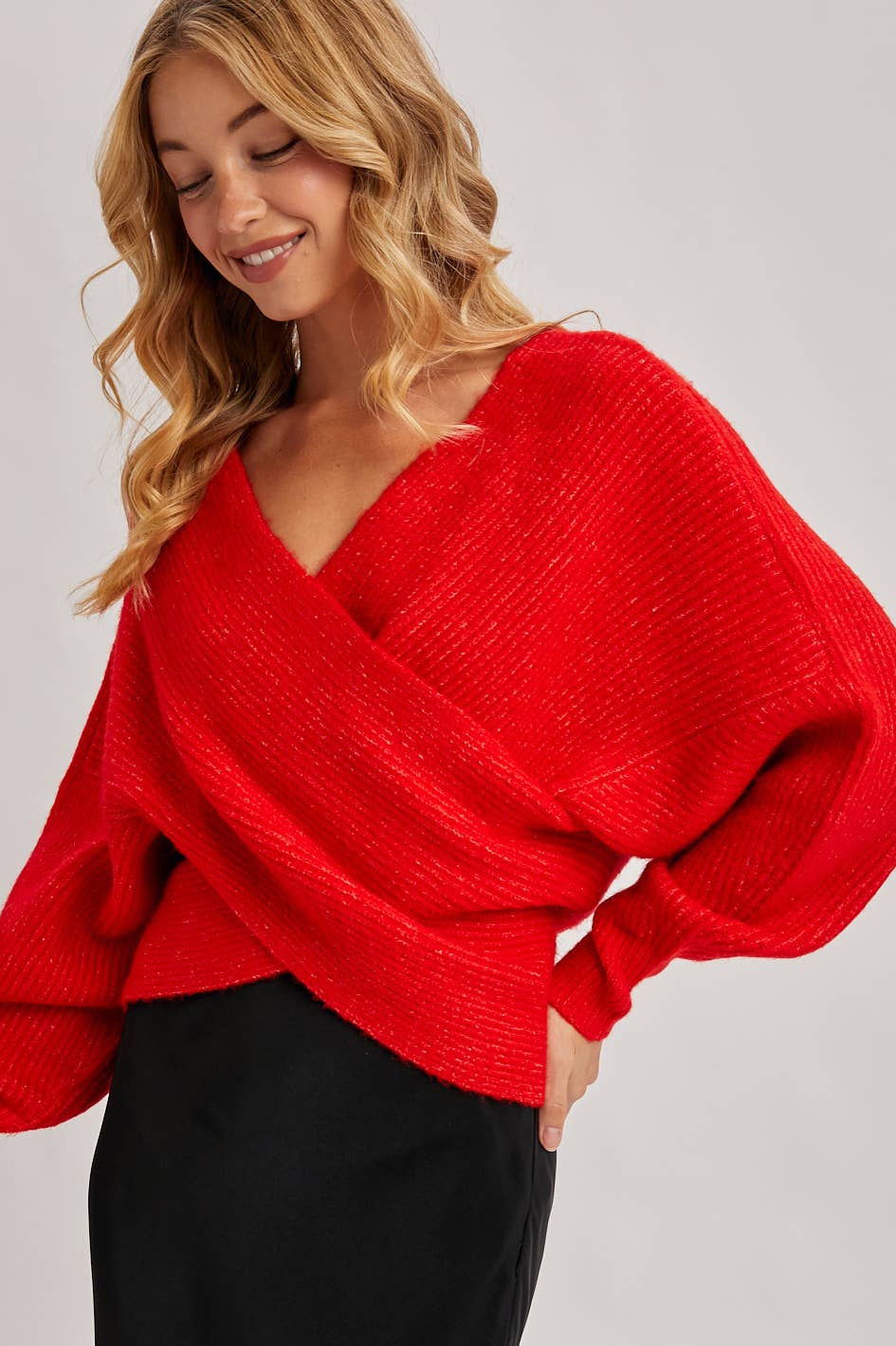WRAP CROSSOVER RIBBED FUZZY KNIT SWEATER PULLOVER: ASH / S/M