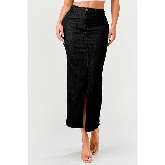 Split Front Denim Maxi Skirt: BLACK