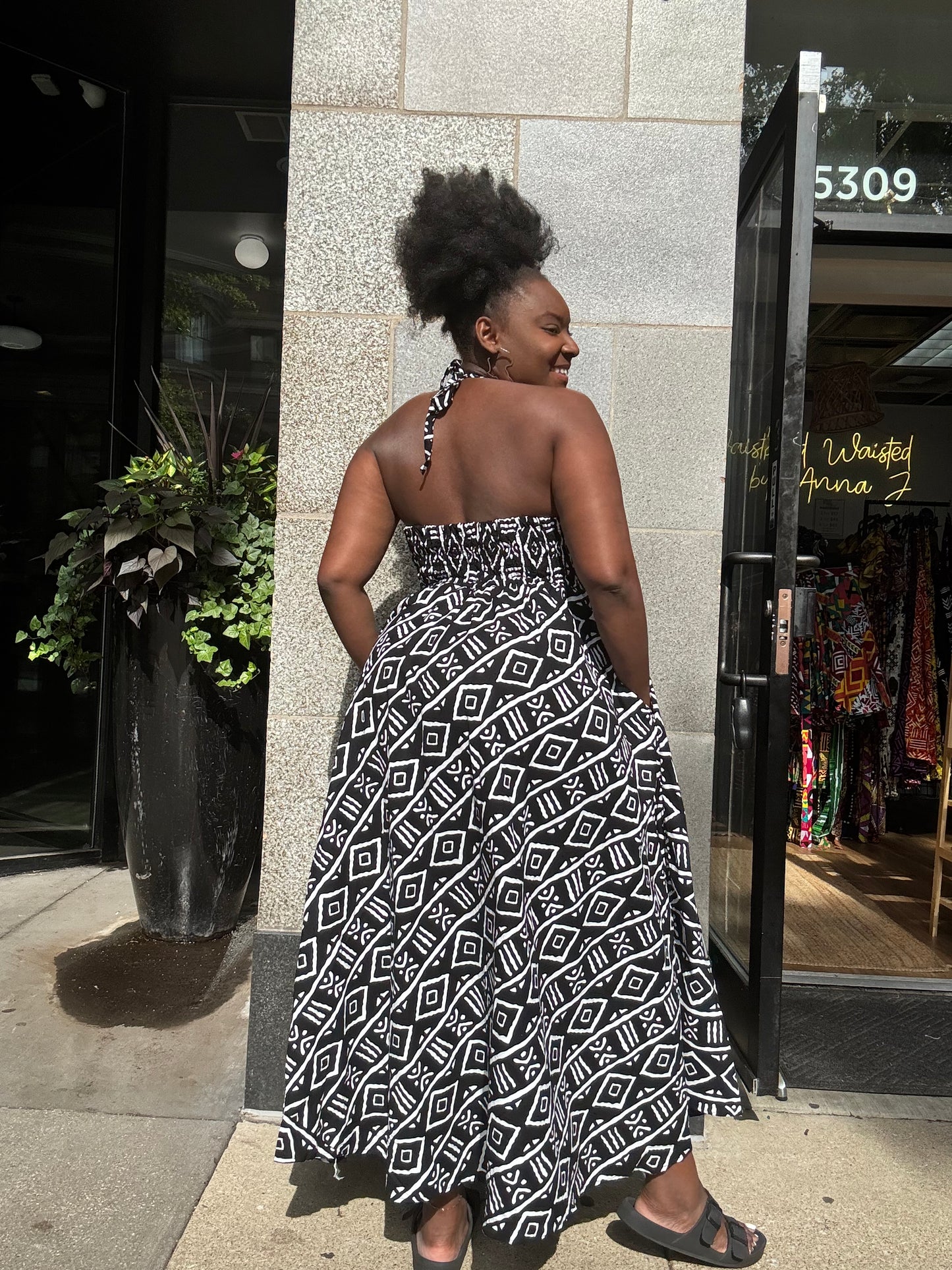 Halter Backless Flare Dress Black White