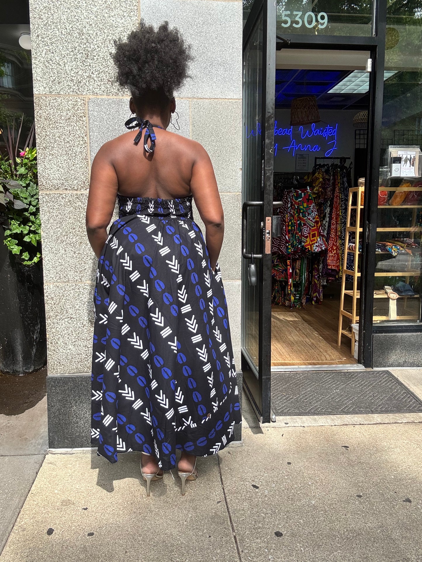 Halter Backless Flare Dress Blue Black White