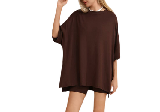 Casual Top and Shorts 2PCS Set: Brown