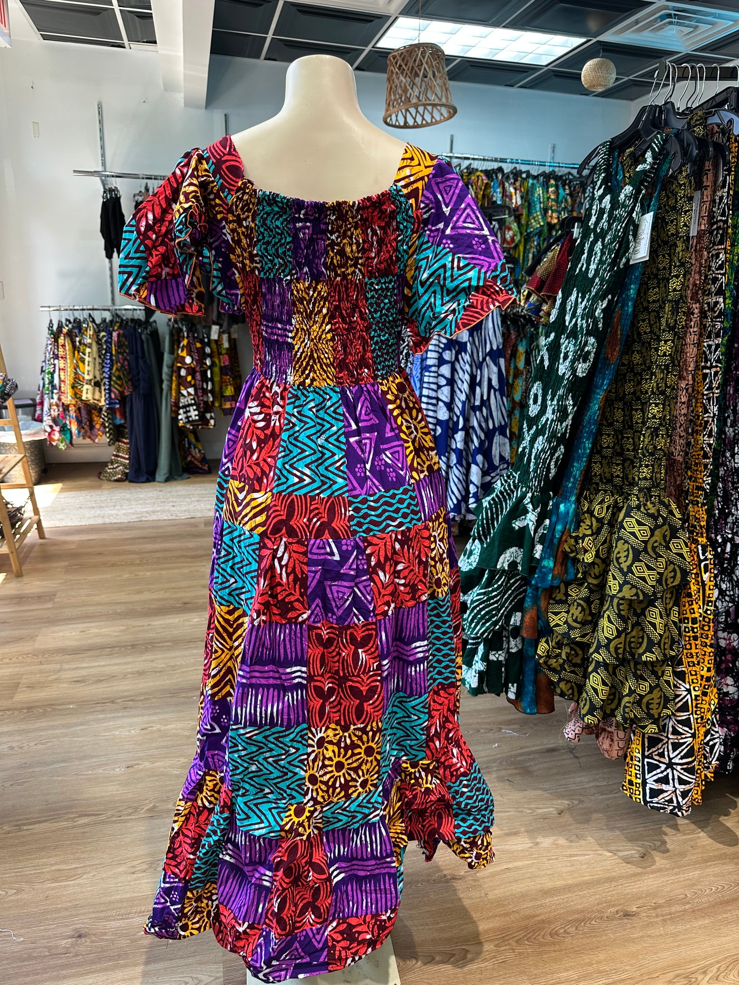 Flare Sleeve Long Dress Mixed Patches