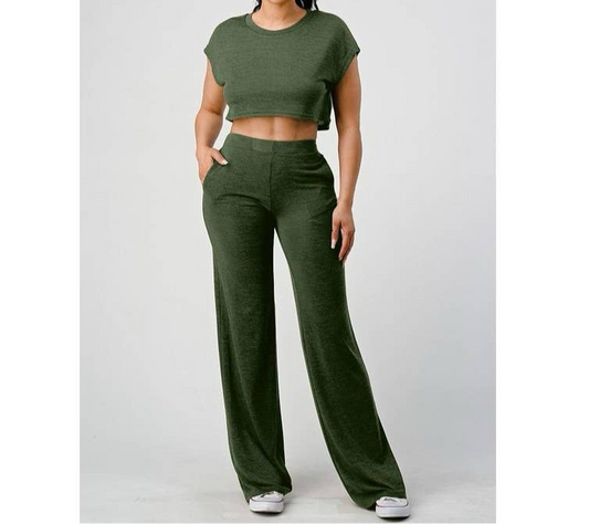 CROP TOP AND WIDE PANTS SET: OLIVE