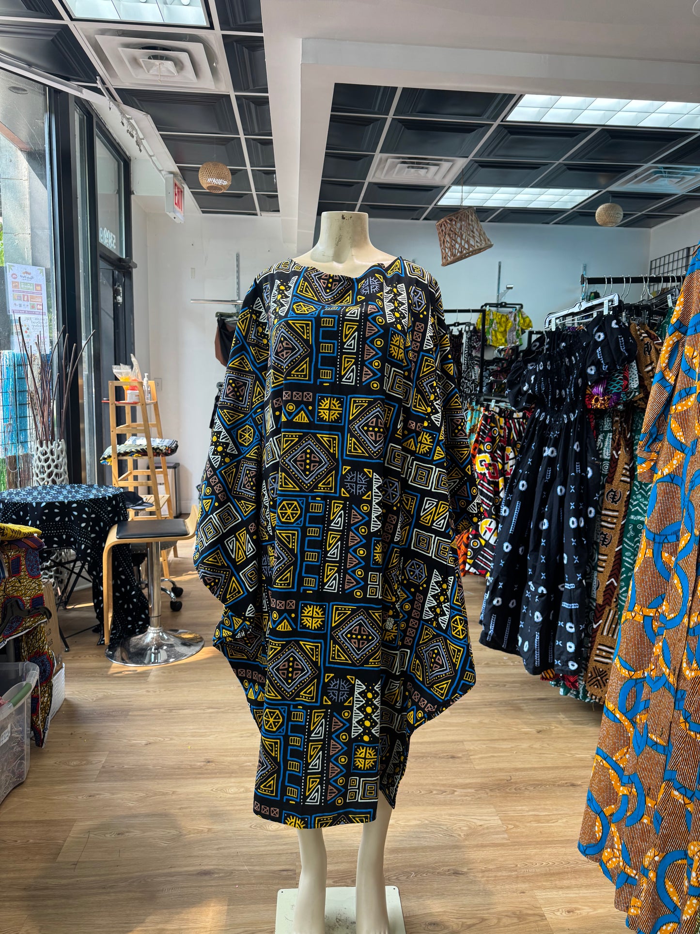 Batwing dress yellow and blue