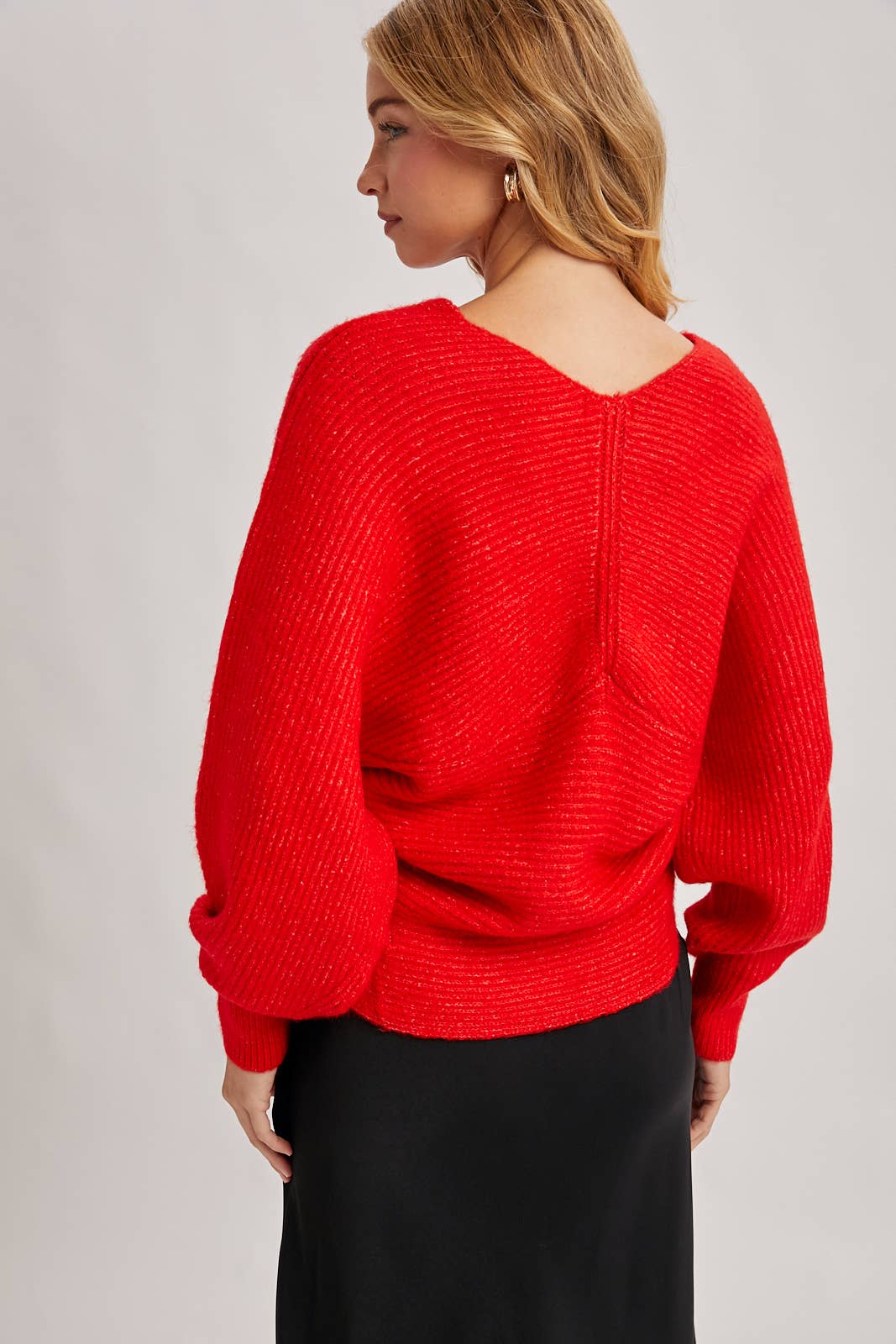 WRAP CROSSOVER RIBBED FUZZY KNIT SWEATER PULLOVER: ASH / M/L