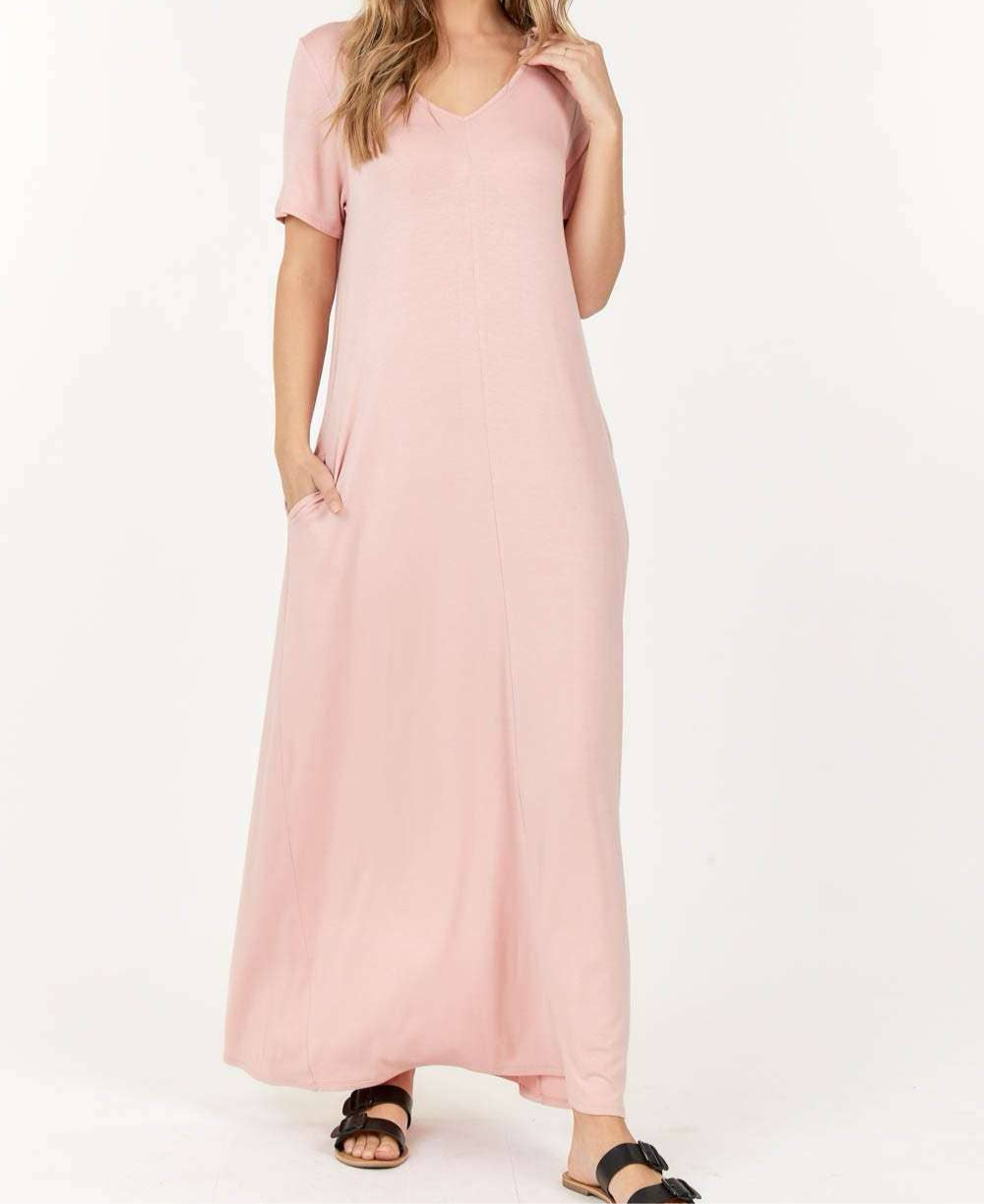 Basic Short Sleeve V Neck Maxi Dress