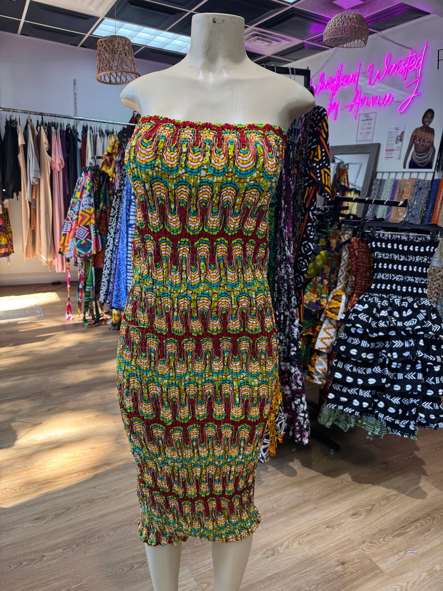 Sleeveless tube dress green multi color