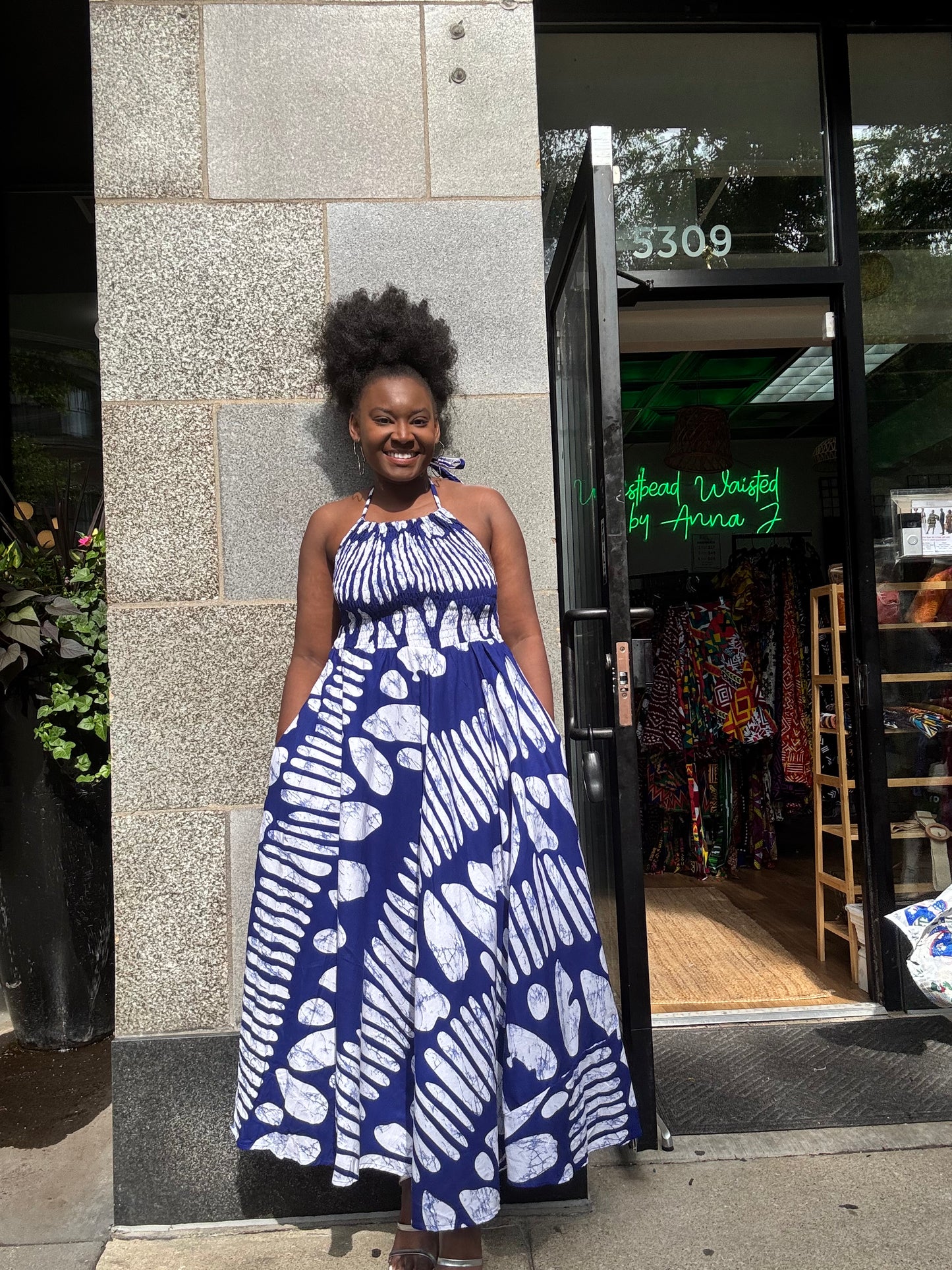 Halter Backless Flare Dress Blue Tie Dye