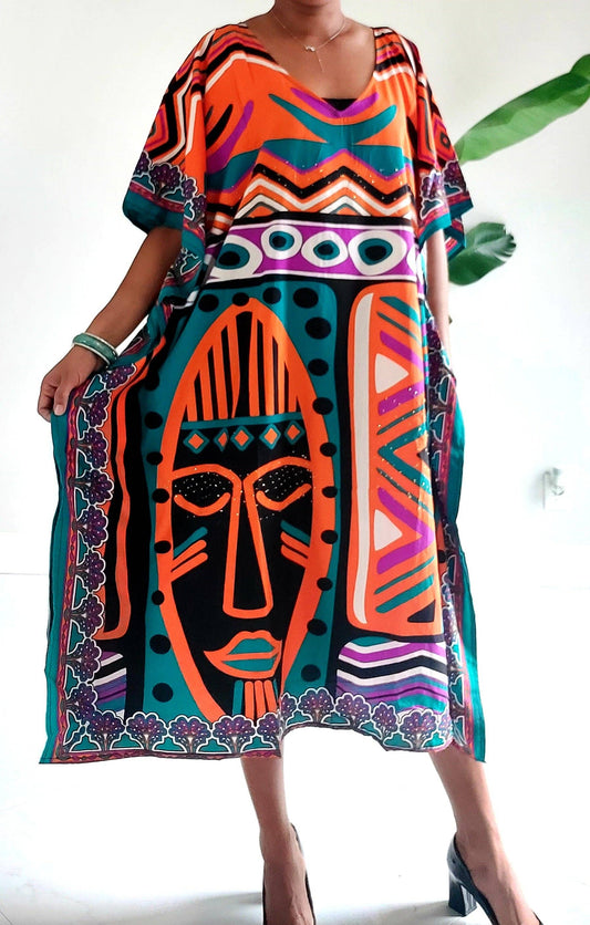 Afro Print Middi Kaftan Dress