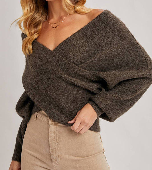 WRAP CROSSOVER RIBBED FUZZY KNIT SWEATER PULLOVER: ASH