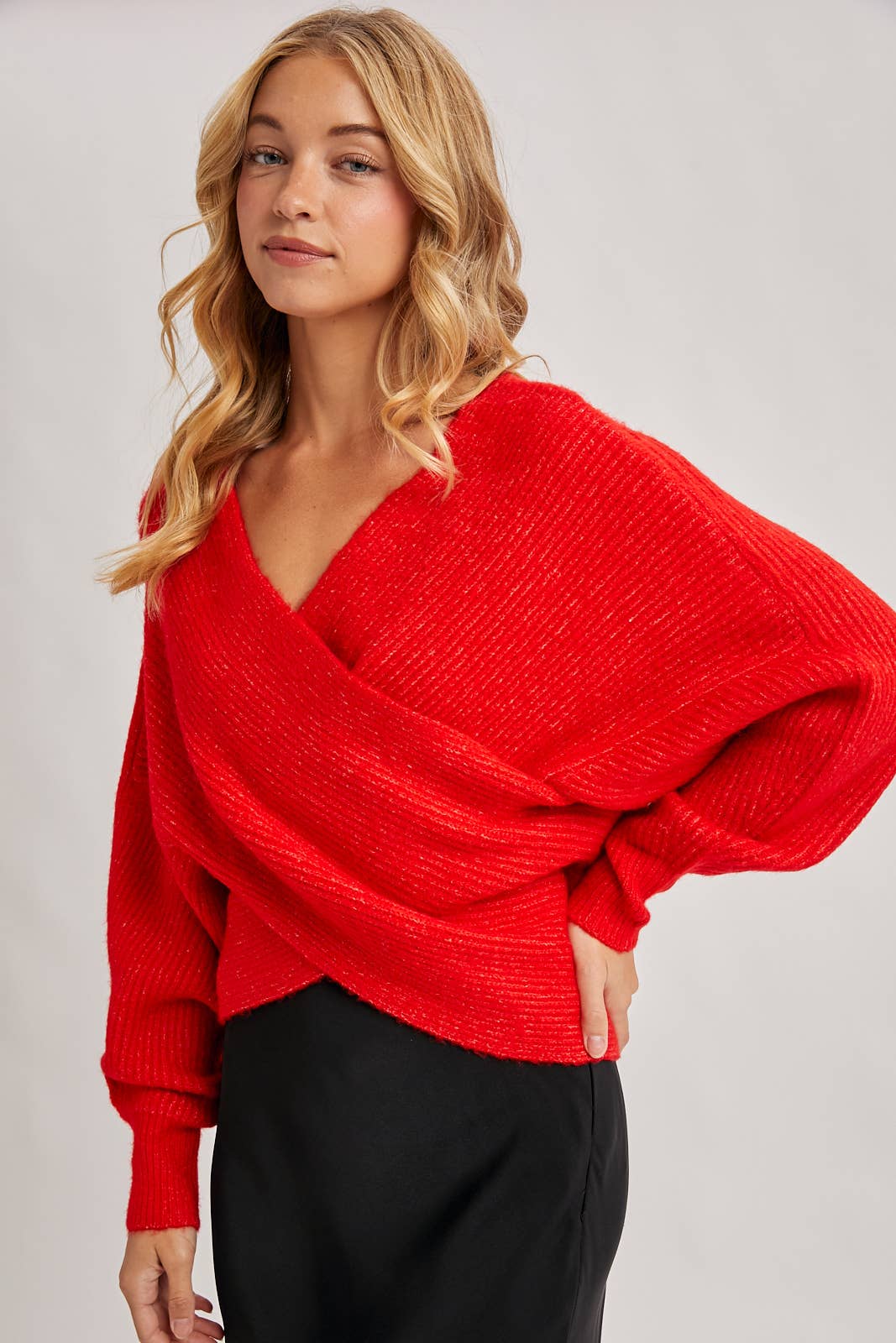 WRAP CROSSOVER RIBBED FUZZY KNIT SWEATER PULLOVER: ASH / M/L