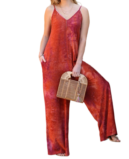 LOOSE FIT SPAGHETTI STRAP POCKET JUMPSUIT: RUSTTIEDYE