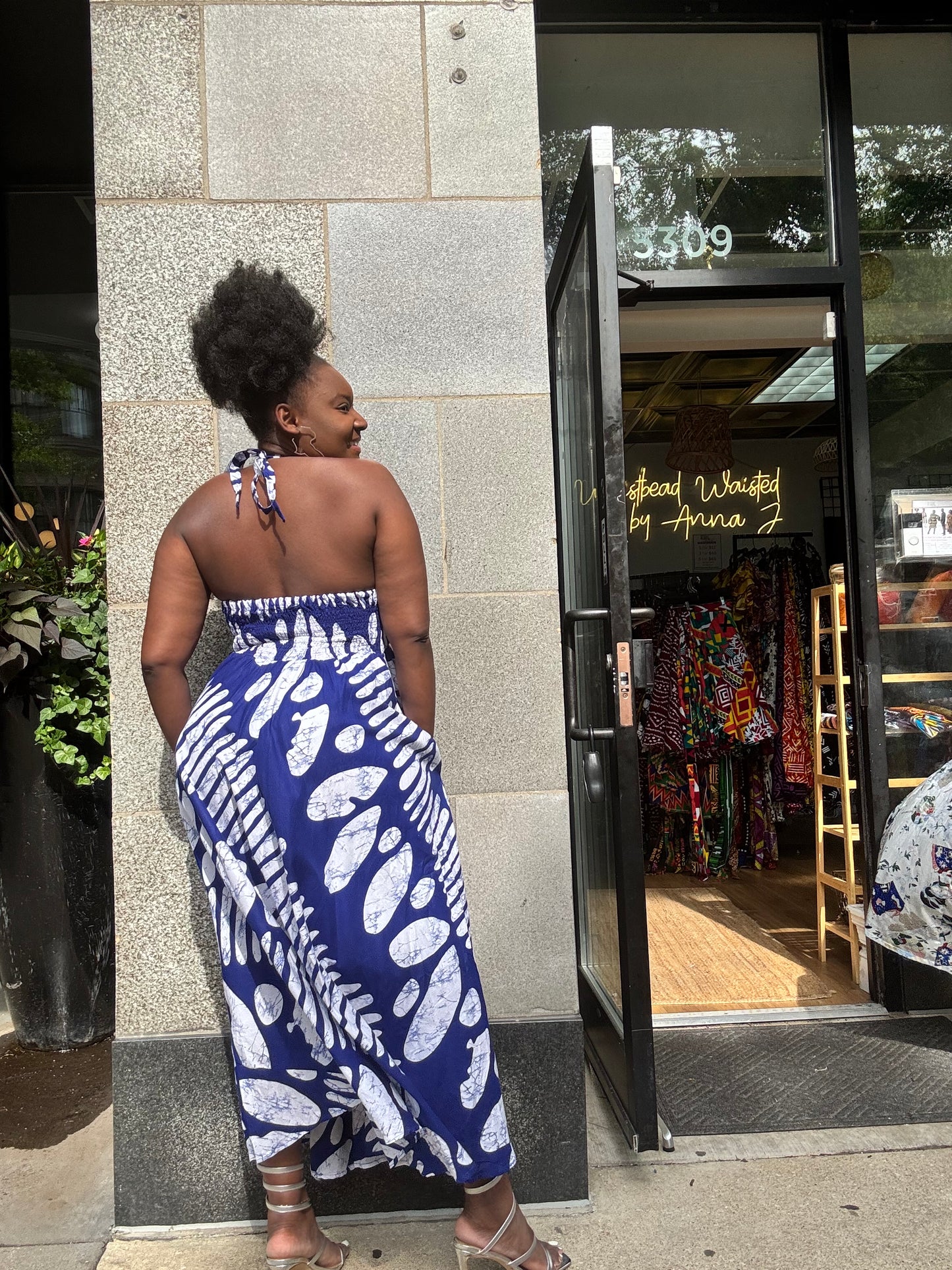 Halter Backless Flare Dress Blue Tie Dye