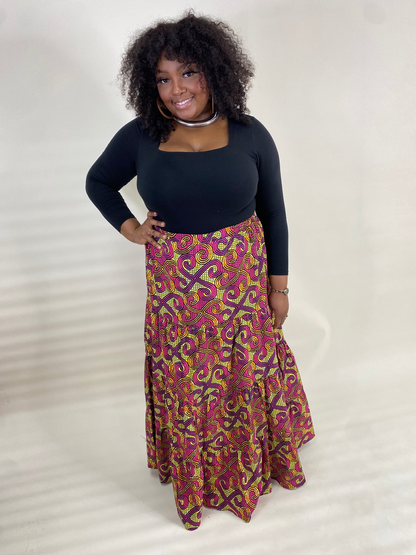 Elastic Waist Tiered Maxi Skirt