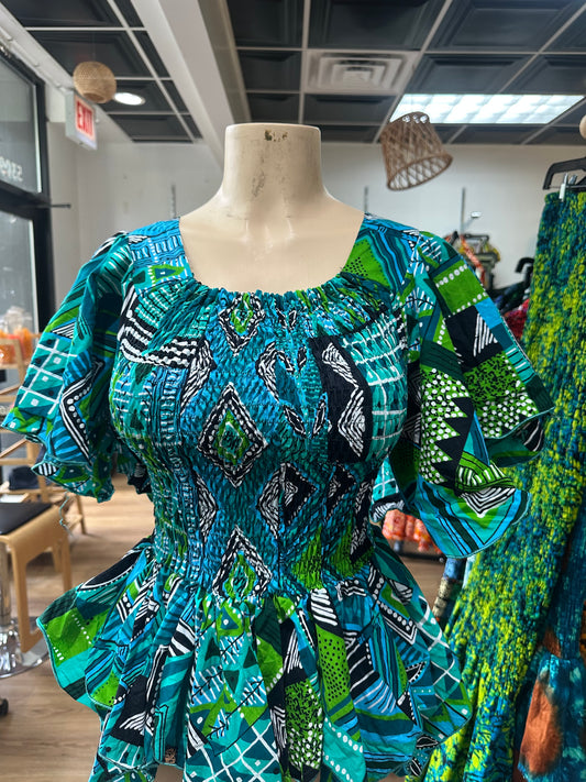 Flare Sleeve Elastic top blue green