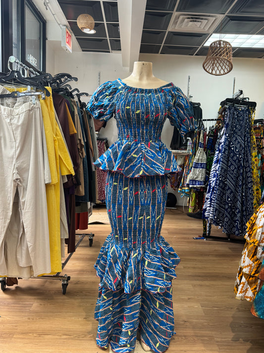 Flare Sleeve Elastic Top blue kente