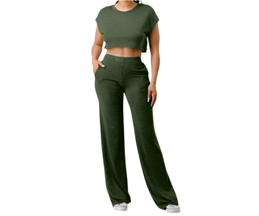 CROP TOP AND WIDE PANTS SET: OLIVE