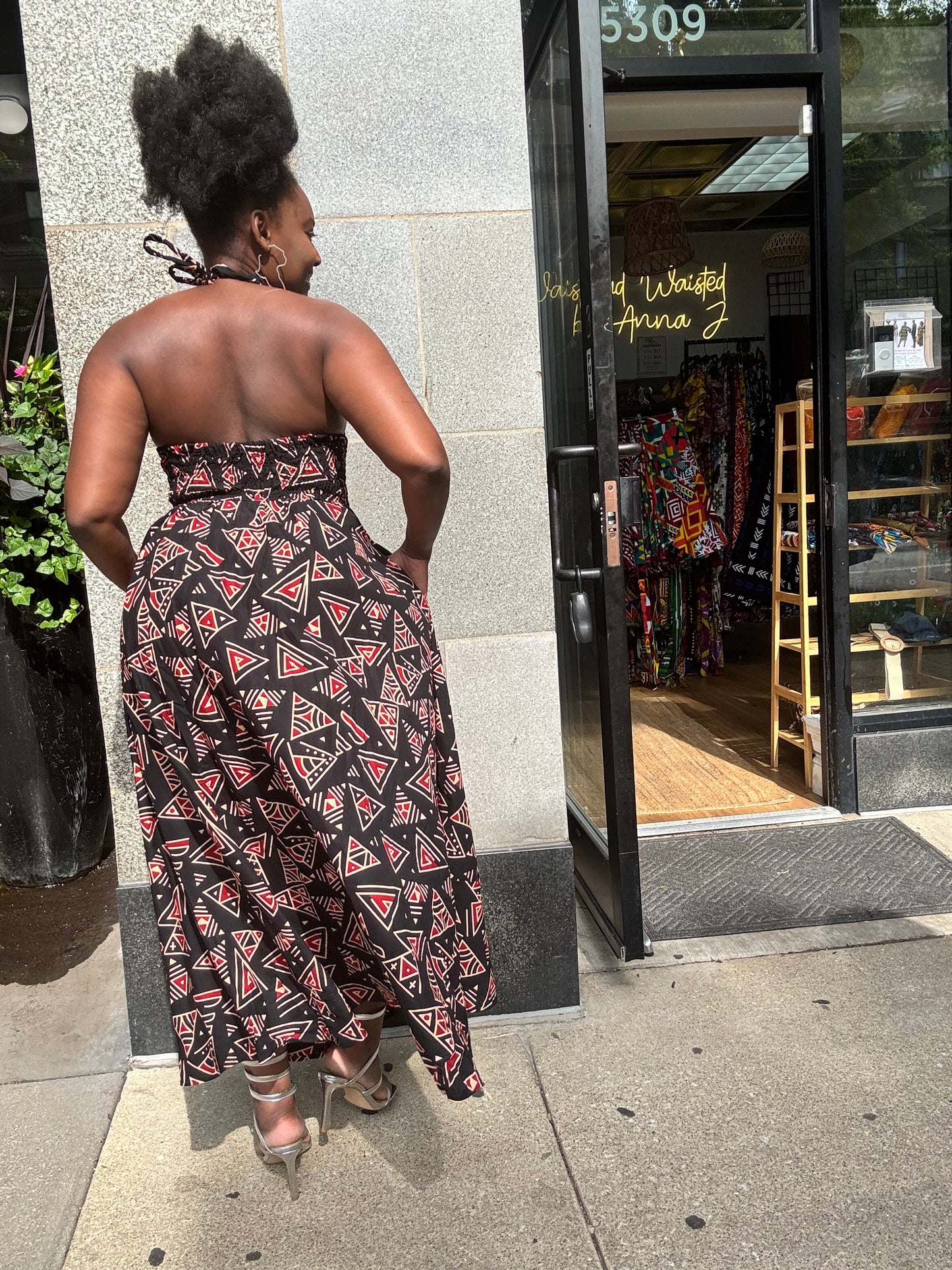 Halter Backless Flare Dress Red black
