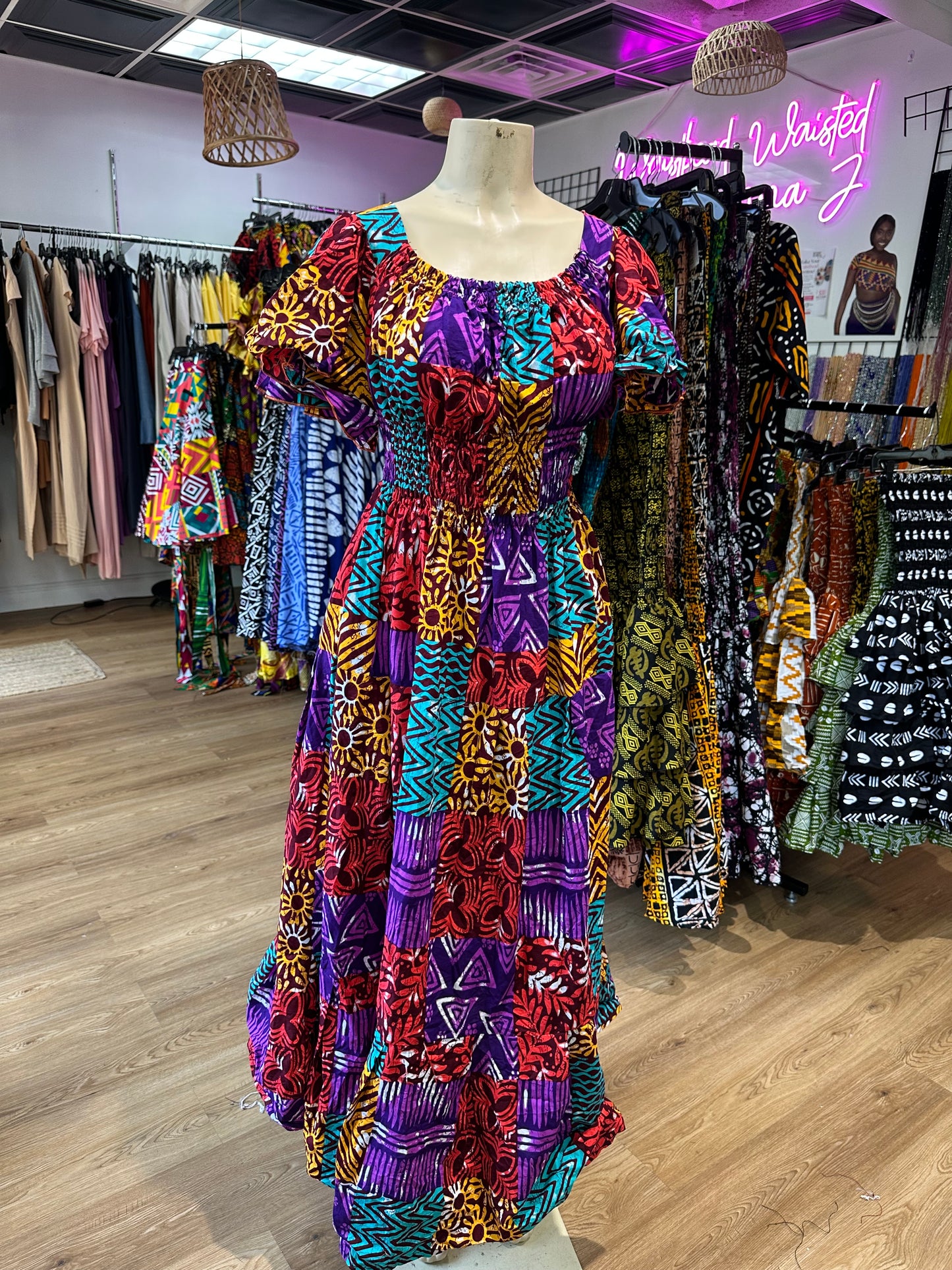Flare Sleeve Long Dress Mixed Patches