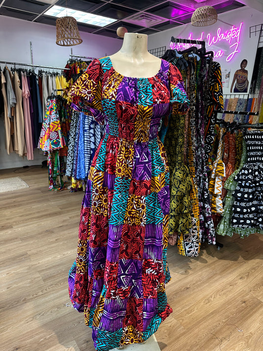 Flare Sleeve Long Dress Mixed Patches