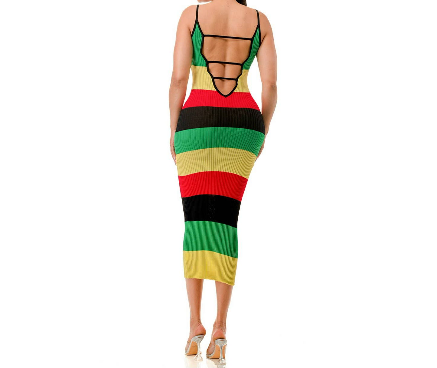 Ribbed Knit Maxi Rasta Color Dress: MULTI /