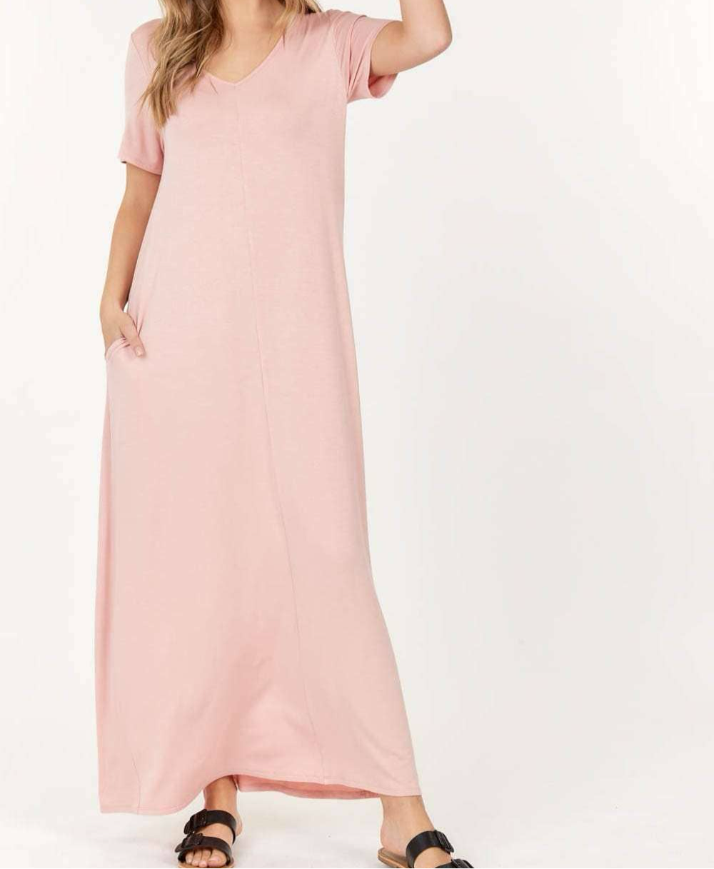 Basic Short Sleeve V Neck Maxi Dress