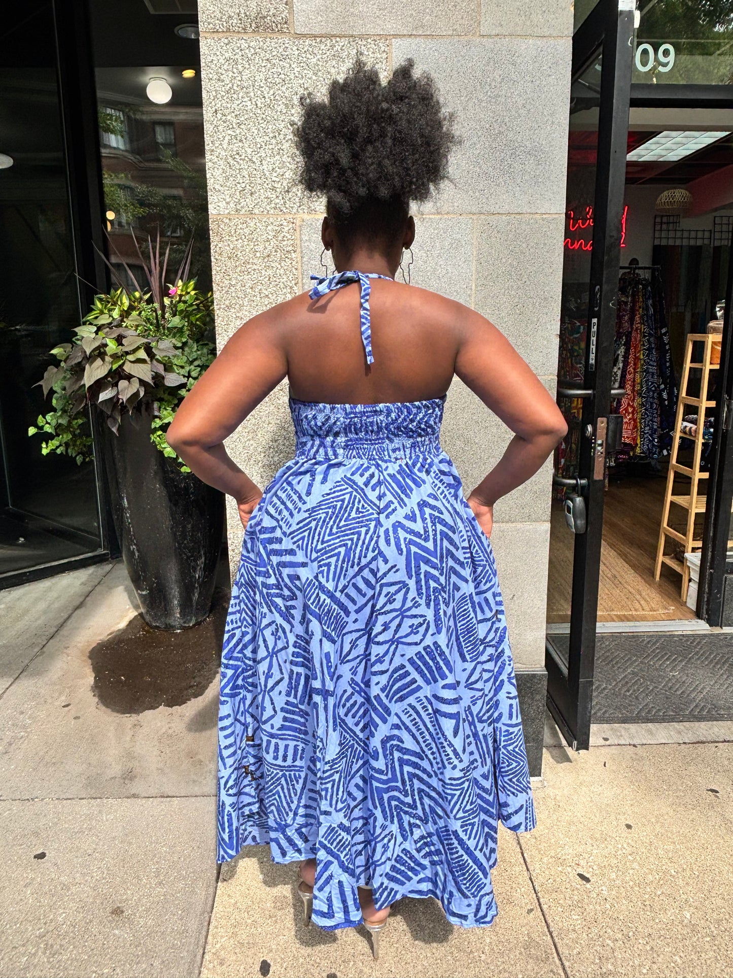 Halter Backless Flare Dress Light Blue